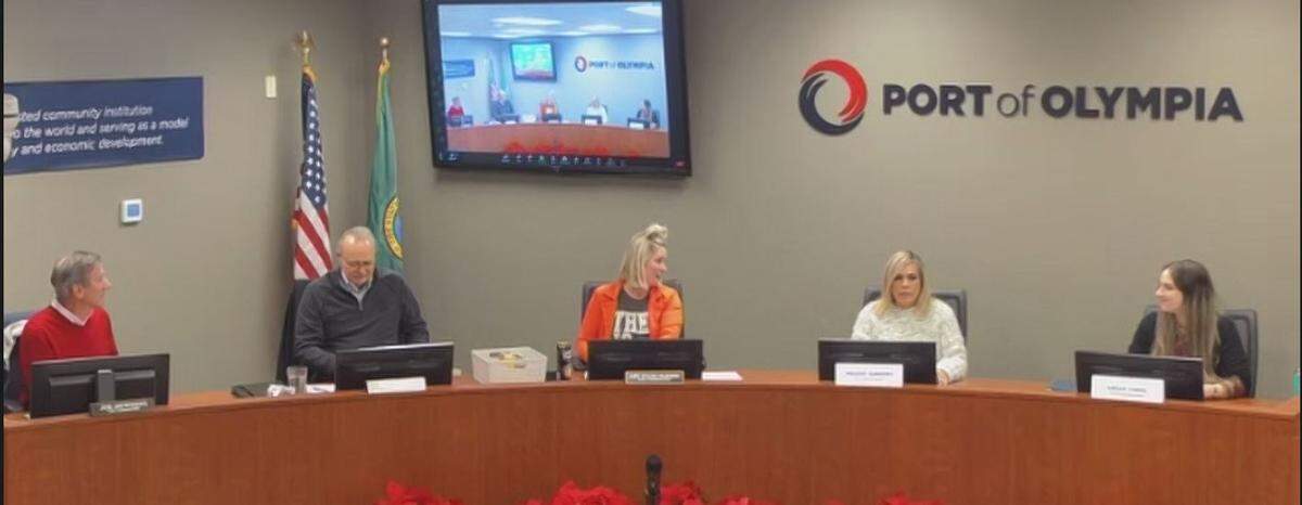 The Port of Olympia now has a five-member commission. From left: Joe Downing, Bob Iyall, Amy Evans Harding, Maggie Sanders and Sarah Tonge. Monday’s meeting was Downing’s last. Commissioner-elect Jasmine Vasavada will replace him in January.