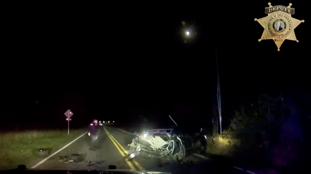 The Thurston County Sheriff’s Office released video Thursday of a deputy finding a crashed vehicle on Meridian Road Monday, Oct. 23, 2023. Deputies arrested an Olympia man involved the crash on suspicion of vehicular homicide and other charges early Thursday morning.