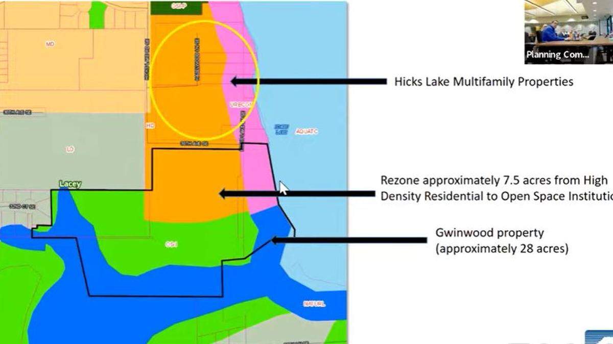 The Gwinwood Retreat Center, which owns property on the southwest shore of Hicks Lake, wants to rezone a portion of its property from high density residential to open space institutional.