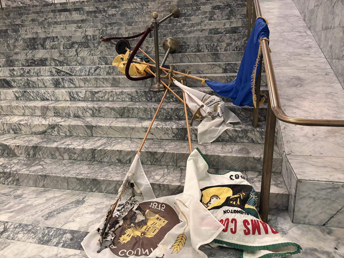 Multiple county flags were toppled by an intruder who broke into the state Legislative Building on Oct. 5, 2025.