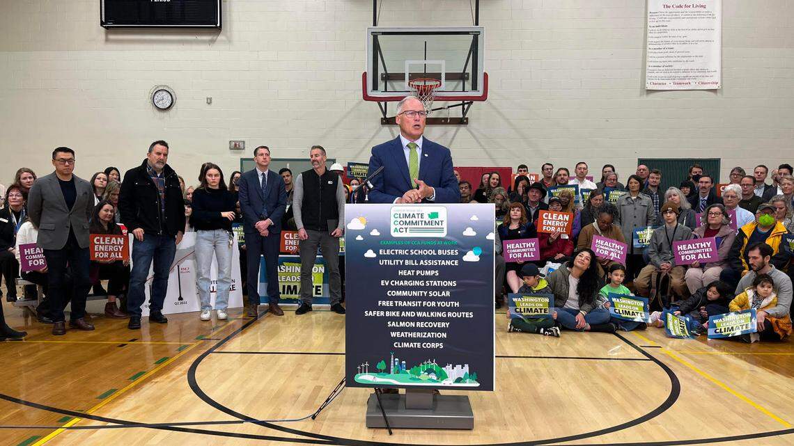 Gov. Jay Inslee announced his climate policy priorities for the upcoming 2024 legislative session on Monday, Dec. 11, at Miller Community Center in Seattle.