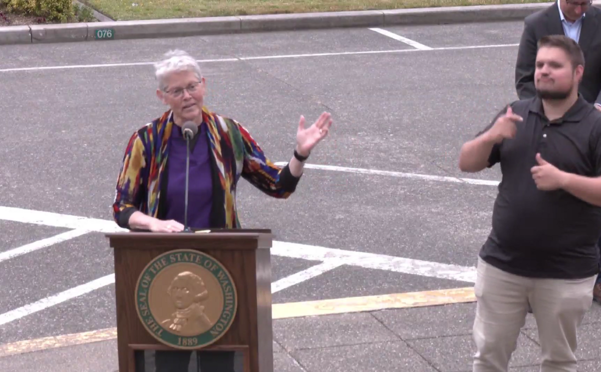 House Speaker Laurie Jinkins makes remarks ahead of the 2026 Pride Flag raising at the state Capitol in Olympia, Washington.