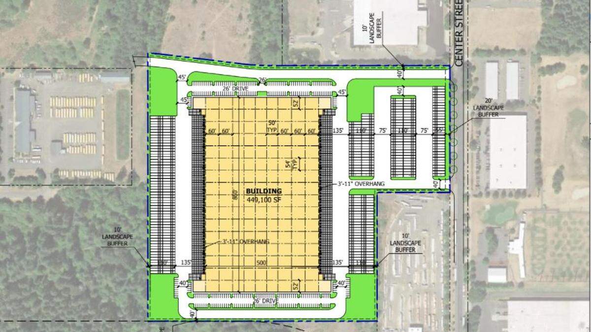 Panattoni’s preliminary site plan review application includes this image of the building proposal at 7901 Center St. SW.