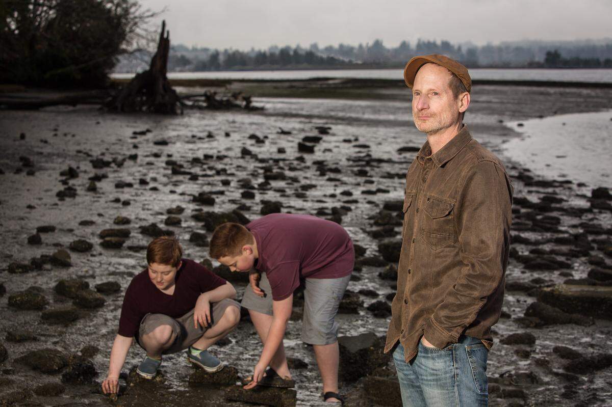 Author Jim Lynch, right, created protagonist Miles in his book “The Highest Tide,” but Leo Conklin, left, and Jack Brotherton, both 13 and cousins, will share the role of Miles in the play based on the book being staged by Olympia’s Harlequin Productions.