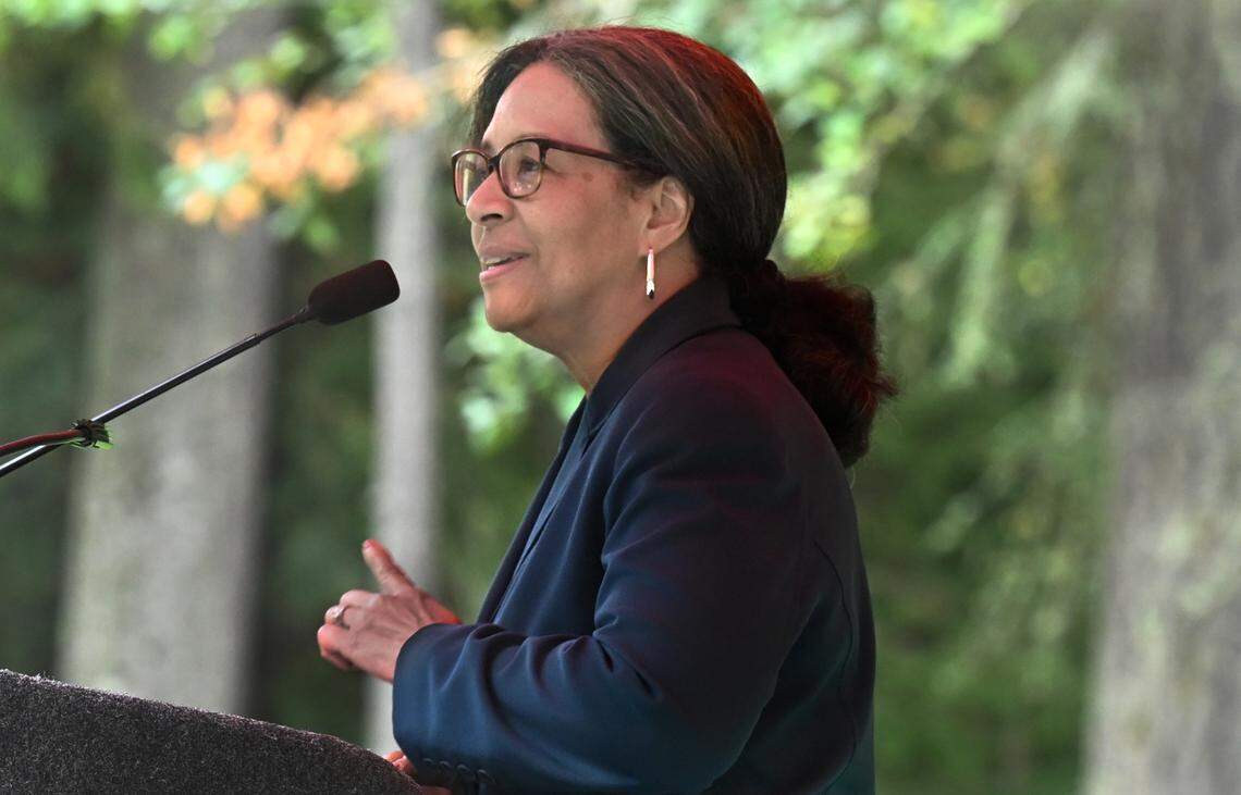 During the Olympia Indigenous Peoples’ Day Celebration at Squaxin Park in Olympia, Wa. on Oct. 14, 2024. Hosted by the Squaxin Island Tribe the event featured songs and dance along with a recognization proclamation delivered by Olympia mayor Dontae Payne and members of the city council. Tribal chairman Kris Peters offered an opening welcome and shared some personal thoughts on the federal holiday and other speakers included Congresswoman Marilyn Strickland, Natalie Coblentz and Miguel Pineda.