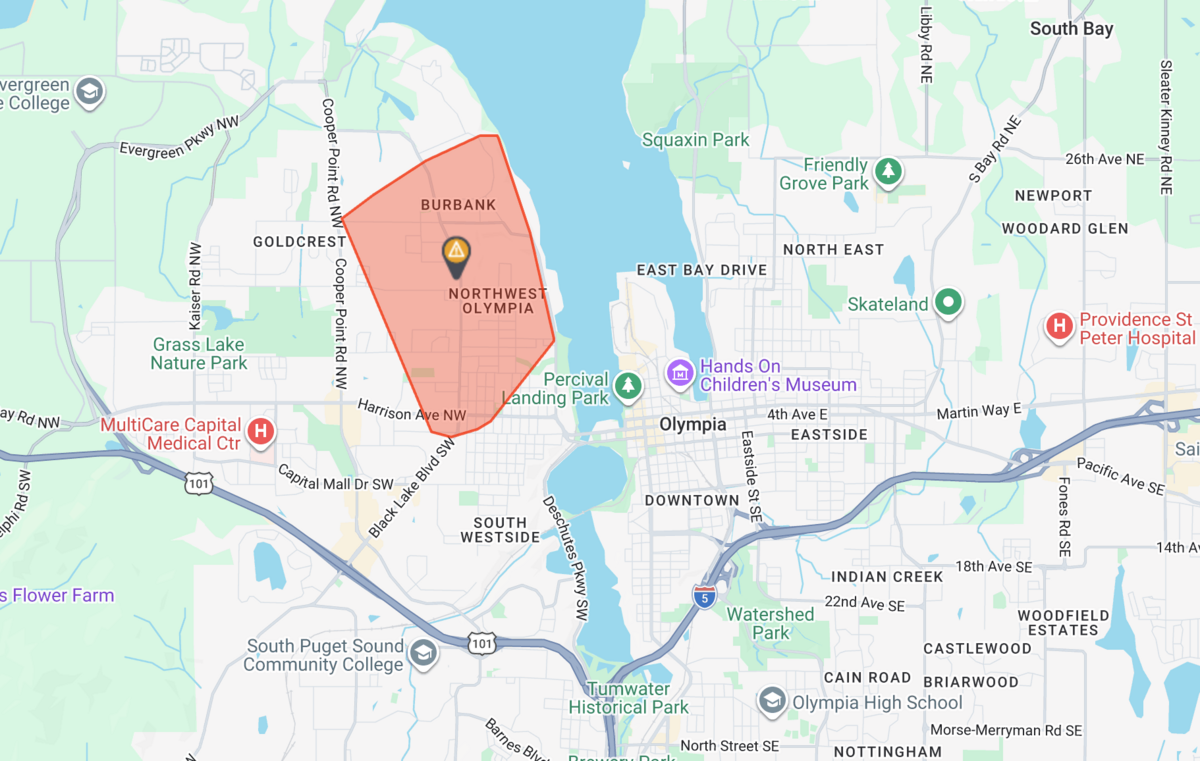 A large outage affected about 1,462 customers in and around the Northwest Olympia and Burbank neighborhoods, according to the Puget Sound Energy outage map.