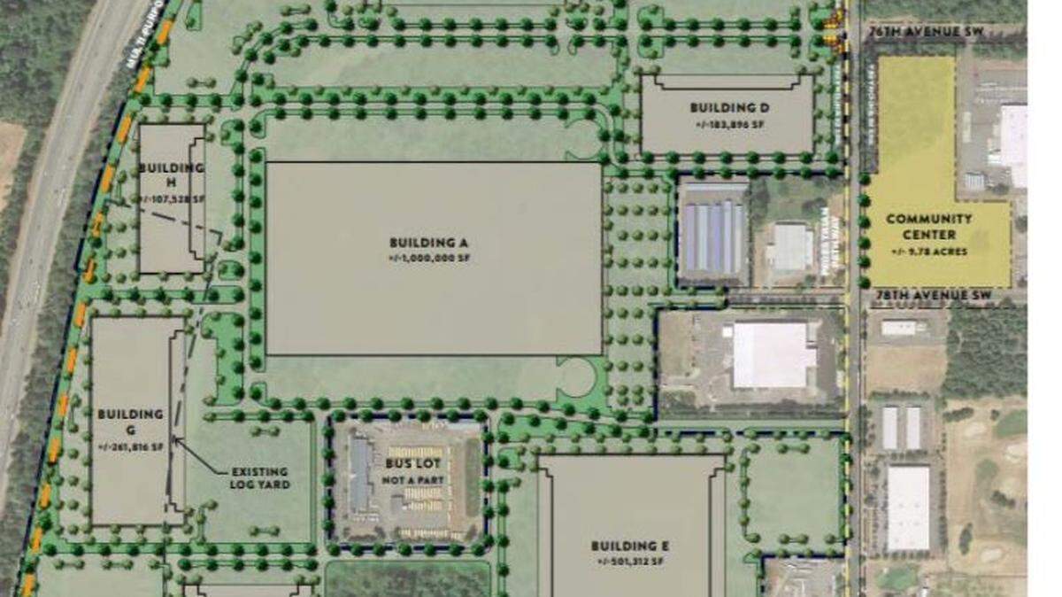 A conceptual site plan of what the full build out of the 200-acre parcel in Tumwater might look like.