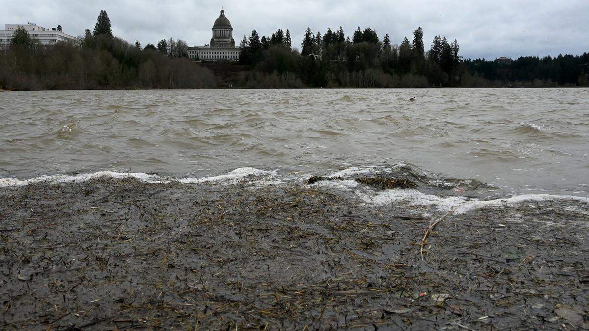 White caps, a rare sight on the Capitol Lake waters, roll across in December as sections of 4th Avenue, Water Street, Columbia Street and State Avenue near Capitol Lake were closed. Sandbags were available for downtown business use.