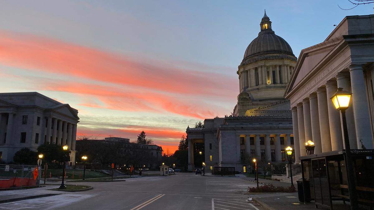 The Washington state Capitol in Olympia at sunset.