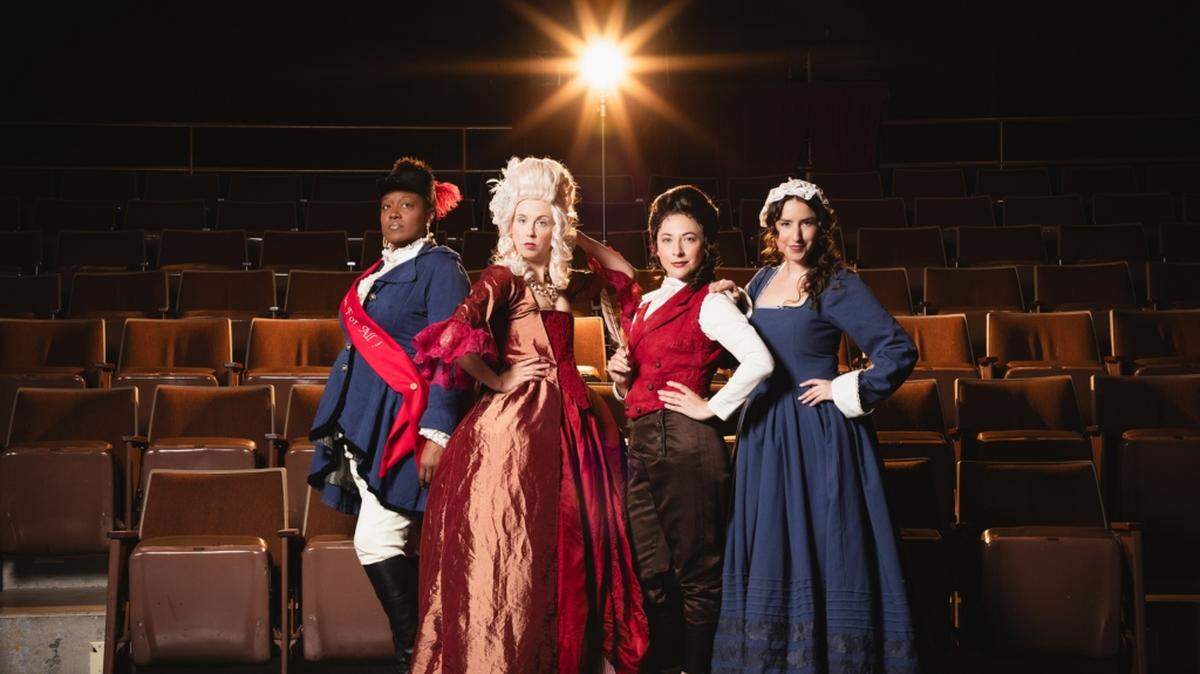 Harlequin Productions’ ”The Revolutionists,” a feminist comedy set during the Reign of Terror in France, stars, from left, Amanda Kemp as Marianne Angelle, Helen Harvester as Marie Antoinette, Victoria Austin as Charlotte Corday, and Angela DiMarco as Olympe de Gouges.