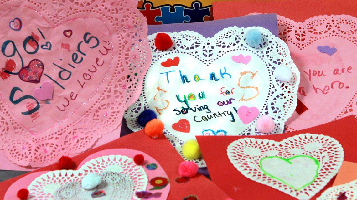 Meadows Elementary School students made Valentines for Vets in 2013.  Writing a thank-you note or holiday card to veterans can make their day.