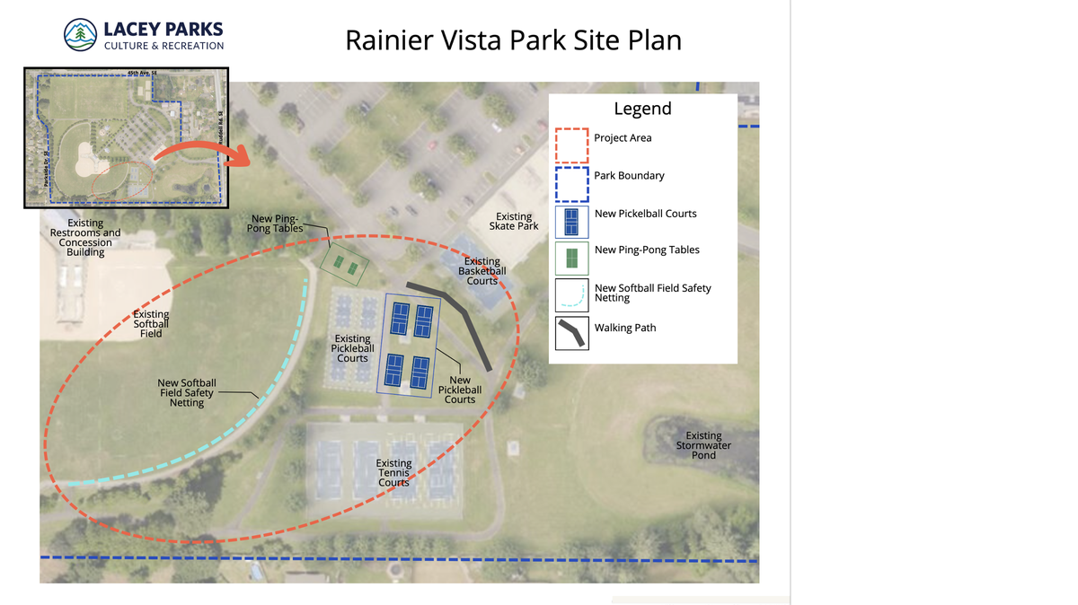 The Washington State Recreation and Conservation Office awarded $500,000 to the City of Lacey so it could improve Rainier Vista Park. The city plans to add four pickleball courts, two outdoor ping pong tables, safety netting on a softball field and rebuild a walking-path.