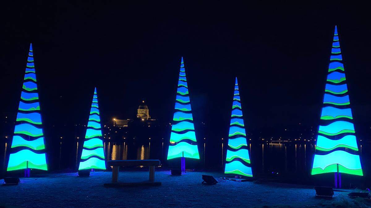 Local artist Dave Sederberg has created another glowing art installation, this time for the winter holidays. The trees were initially put up along Capitol Lake, but they will be installed on buildings for LoveOly Winter Fest and the holiday season.