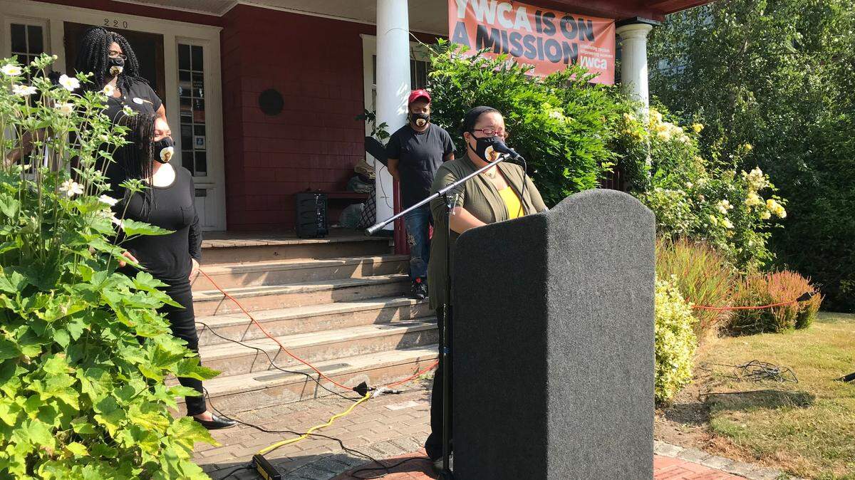 Krystafer Brown at a BLAST press conference in front of the YWCA on Friday morning.