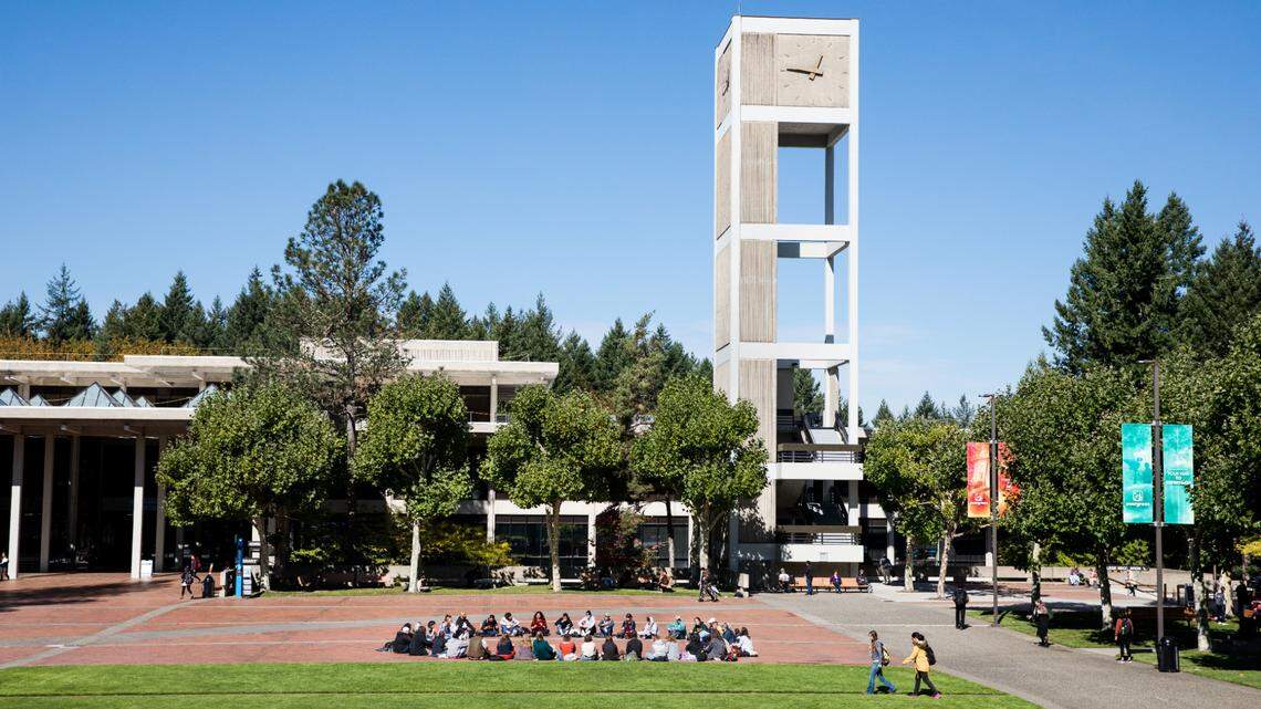 Students gather on The Evergreen State College’s Red Square.