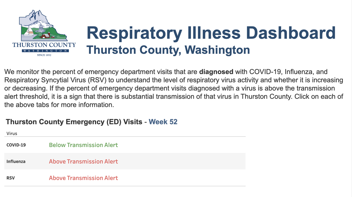 Thurston County’s Respiratory Illness Dashboard showed the percent of emergency visits that are diagnosed with influenza and Respiratory Syncytial Virus (RSV) were above the transmission alert threshold during the week ending in Dec. 28.