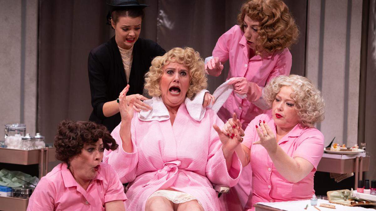 From lower left to right: Kimberlee Wolfson, Shea Bolton, Teri Lee Thomas (center), Shauntal Pyper and Katie Medford in Harlequin Productions’ comedy “The Women.”