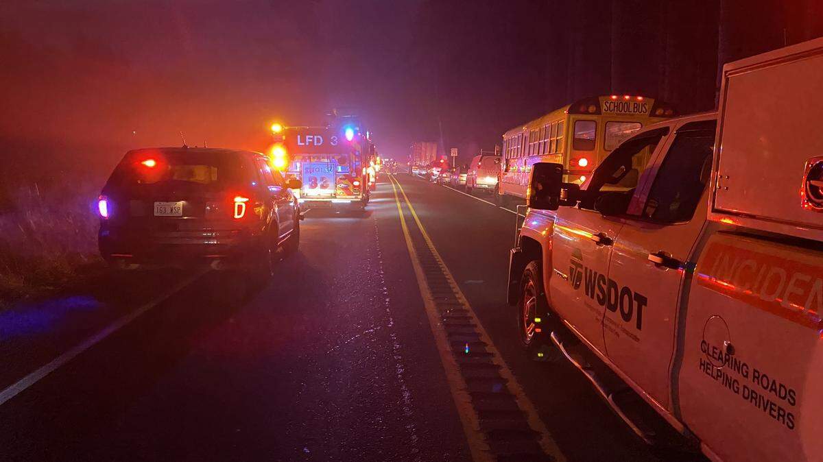 Authorities closed Yelm Highway Southeast by Peter Kalama Drive after a two-car collision occurred at the scene around 6 a.m. Thursday, Oct. 20, 2022.