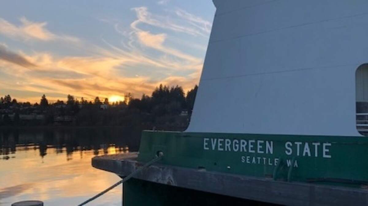The Evergreen State ferry at the Port of Olympia as the sun sets.