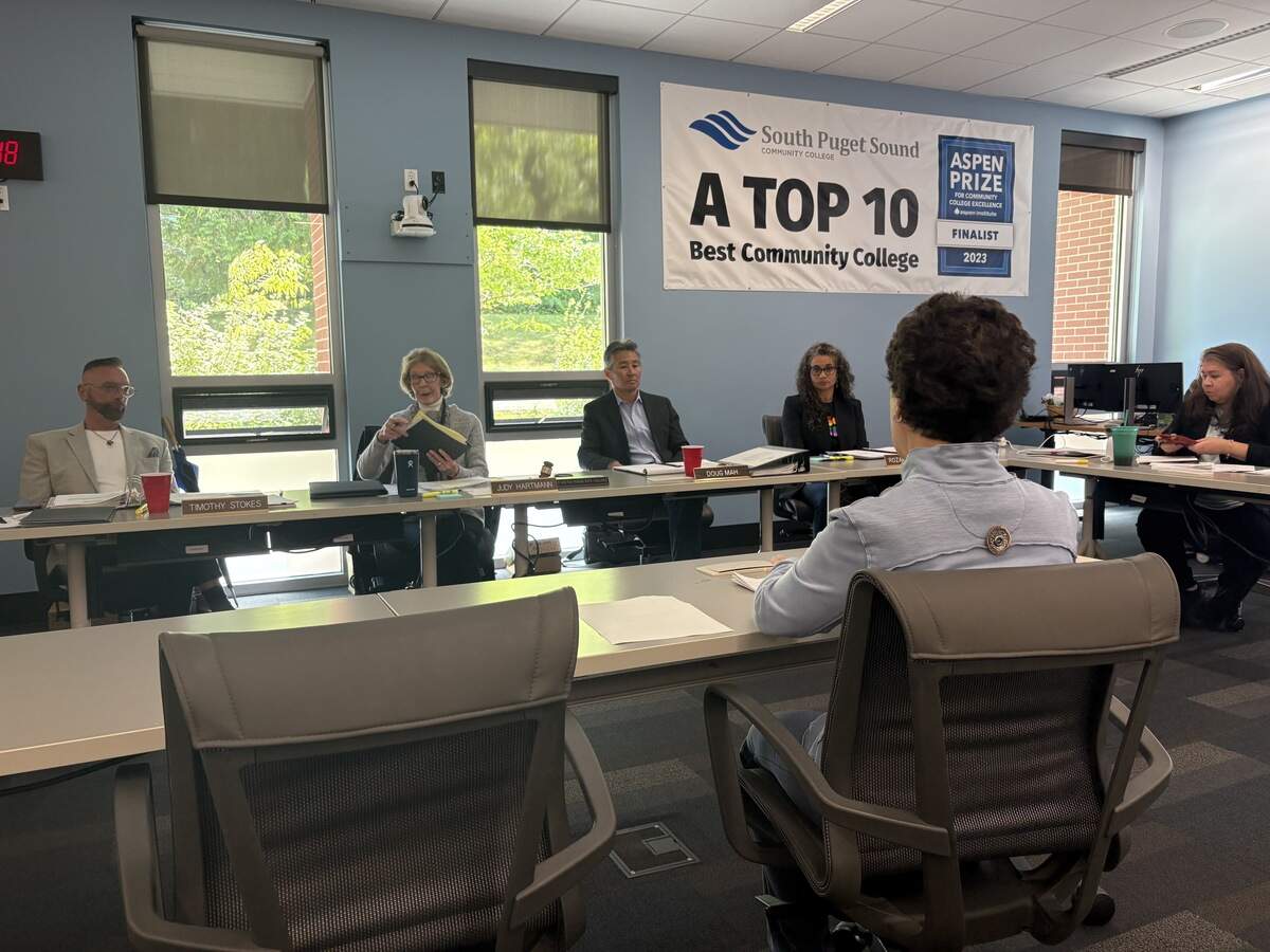 Vice President of Instruction Michelle Andreas addresses the South Puget Sound Community College Board of Trustees during Tuesday’s meeting.