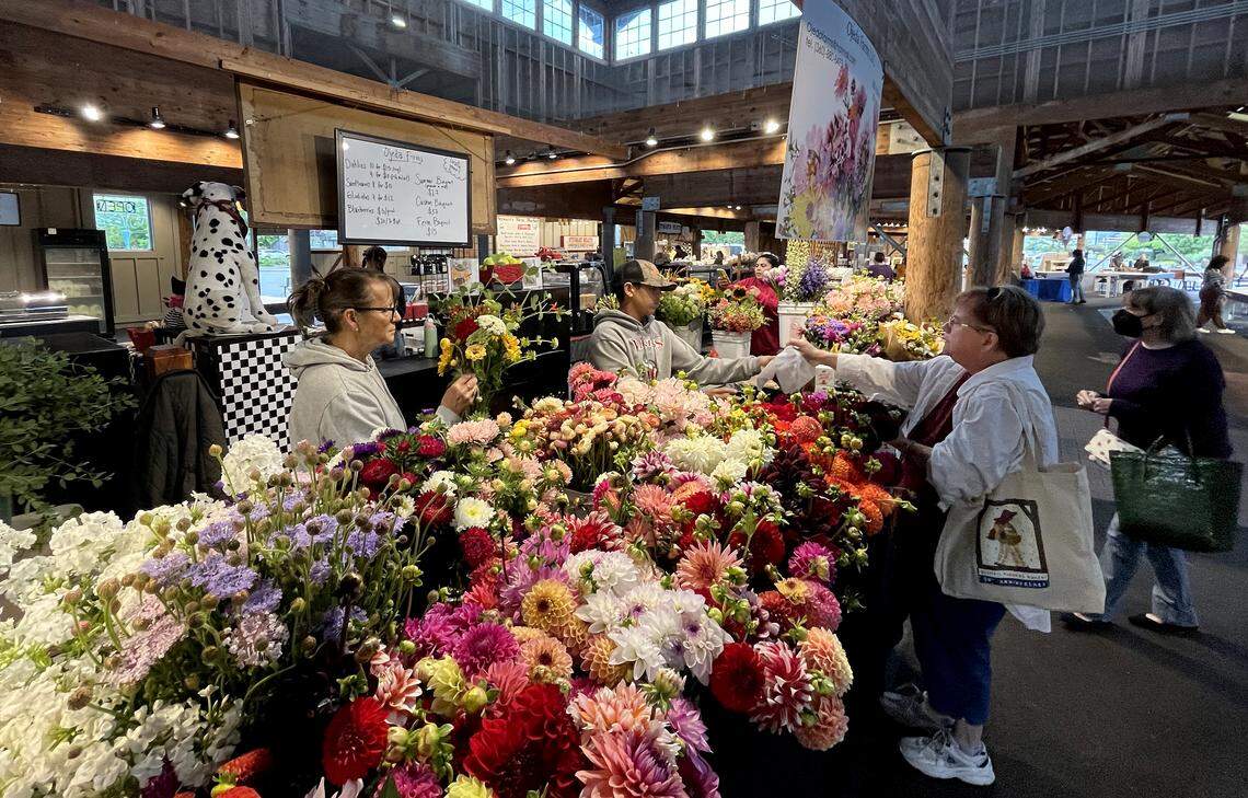 Bright buckets of flowers greet customers at the Ojeda Farm booth on Thursday morning at the Olympia Farmers Market. The market is celebrating its 50th anniversary this weekend, with a full day of activities and specials planned for Saturday, Aug. 9.
