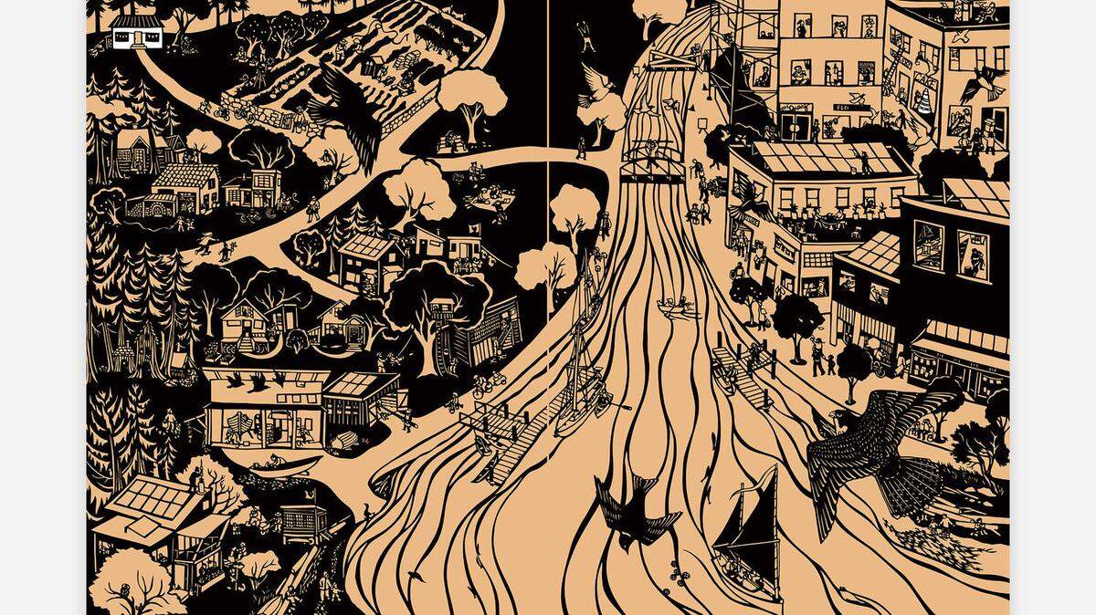 Among the many scenes in Nikki McClure’s new book is a detailed spread that mixes perspectives to provide an overview of a town that is partly Olympia — in its do-it-yourself spirit as well as in many details — and partly not.
