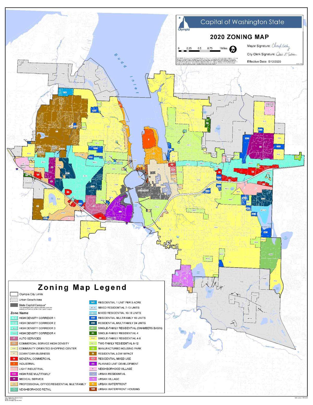 Olympia’s current zoning map. The yellow zone is R 4-8 (4-8 units per acre), commonly known as single family residential. Under the proposed changes, duplexes would be allowed in the yellow zones, plus a few other smaller ones. Triplexes and other denser housing types would be allowed in R 6-12 under the proposal, seen here in light-green. Both the yellow and light-green zones, which are considered low-density residential, make up 68% of the city’s urban growth area.