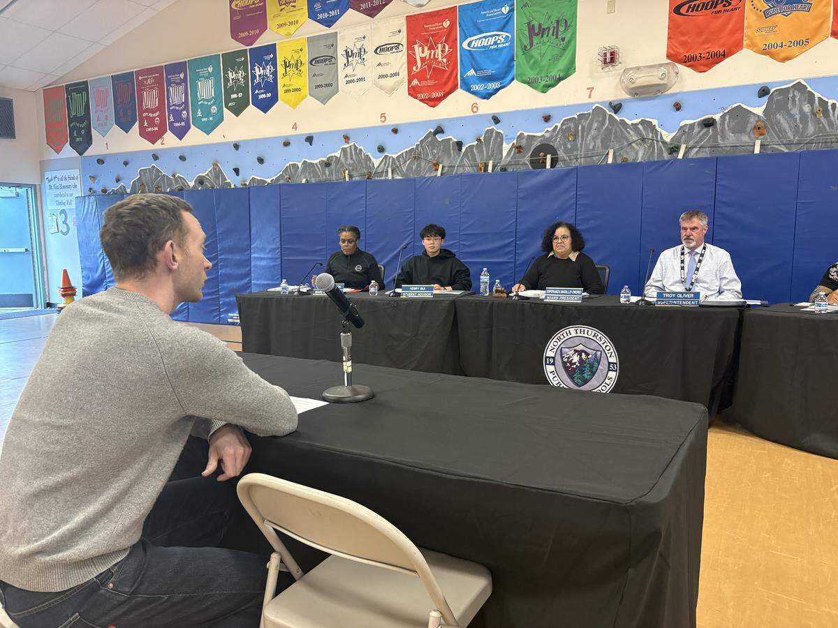 Parent Jeremy Sorokas addresses the North Thurston Public Schools board about the dual-language program at Pleasant Glade Elementary on May 19, 2026.