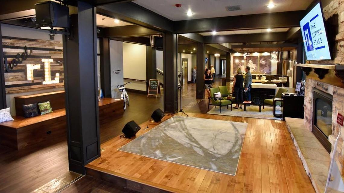 A remodeled main lobby, featuring a raised performance stage, anchors the guest entrance to Hotel RL, previously known as the Red Lion in west Olympia.