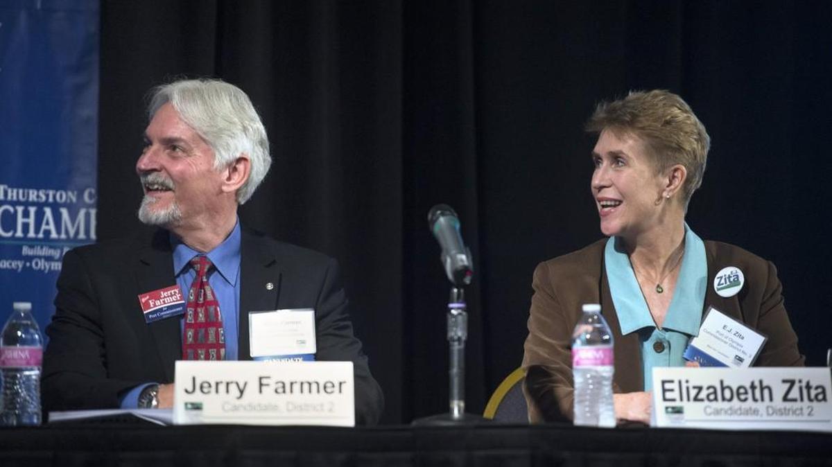 
Port of Olympia commissioner candidates Jerry Farmer, left, and E.J. Zita during the Thurston County Chamber of Commerce candidate’s forum at the Red Lion Hotel in Olympia on Wednesday.
