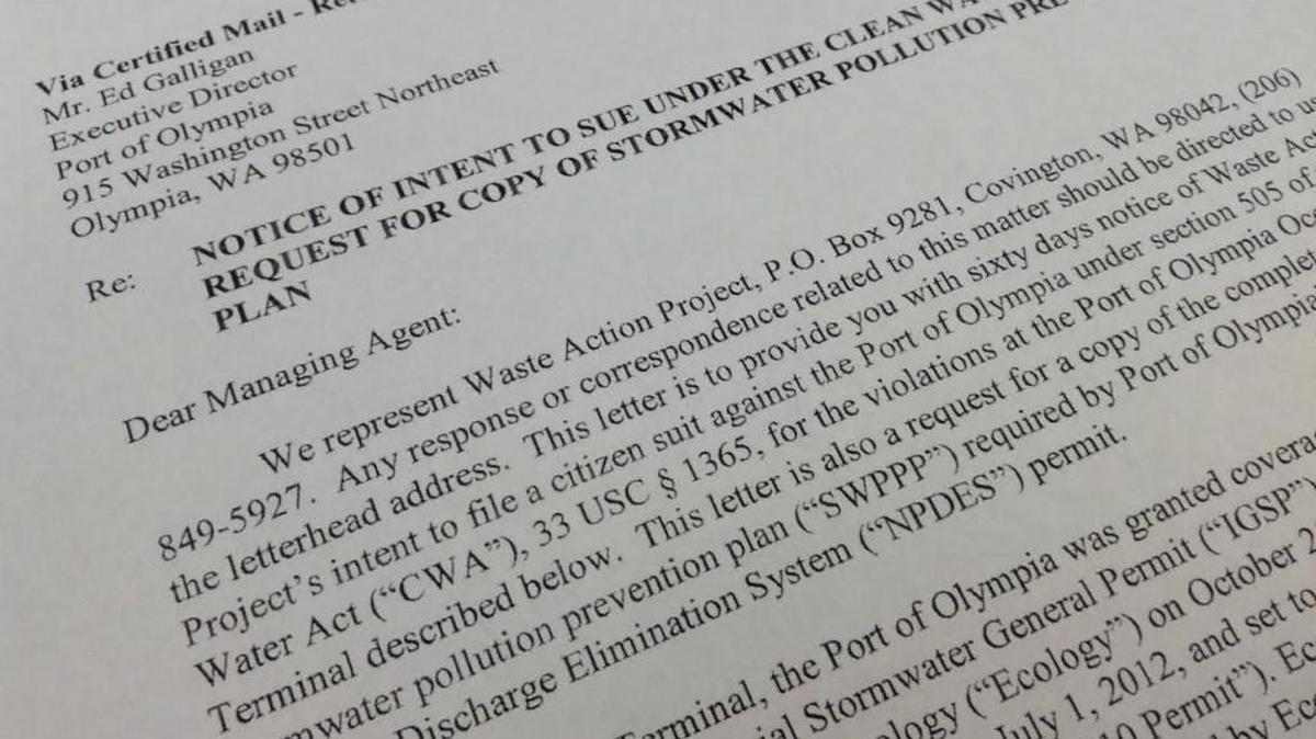 Waste Action Project of Covington has filed a notice of intent to sue the Port of Olympia over alleged Clean Water Act violations.