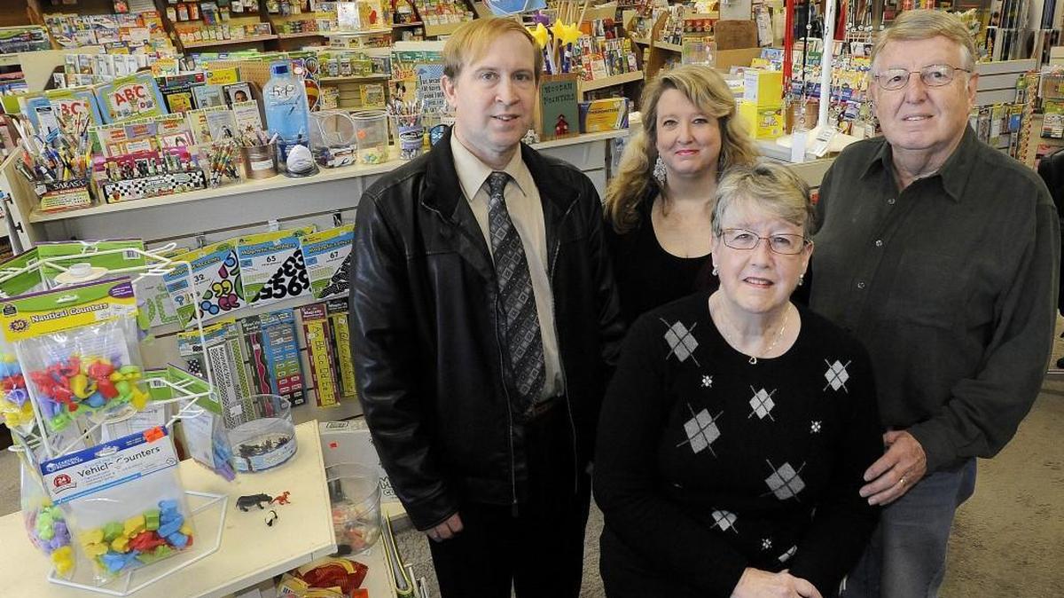 Original School Daze owners Cliff and Shirley Neufeld are pictured with their daughter and son-in-law Wendy and Jerry England as the west Olympia school supply store prepares to close after 30-plus years in business.