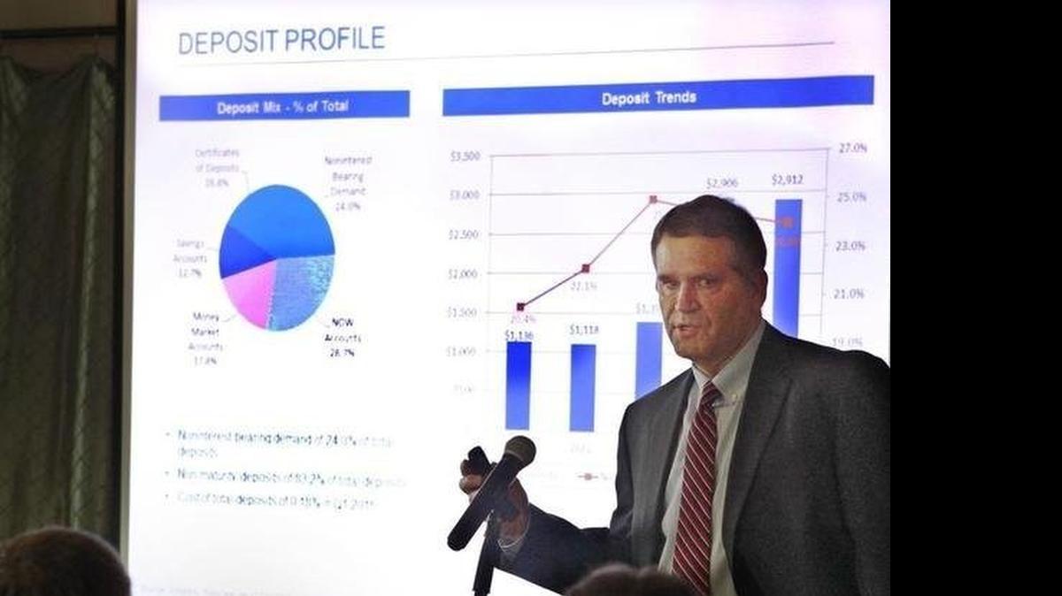 
Heritage Financial Corp. President and Chief Executive Brian Vance addresses shareholders at the company’s annual meeting this year. On Thursday, Heritage reported net income of $8.7 million.

