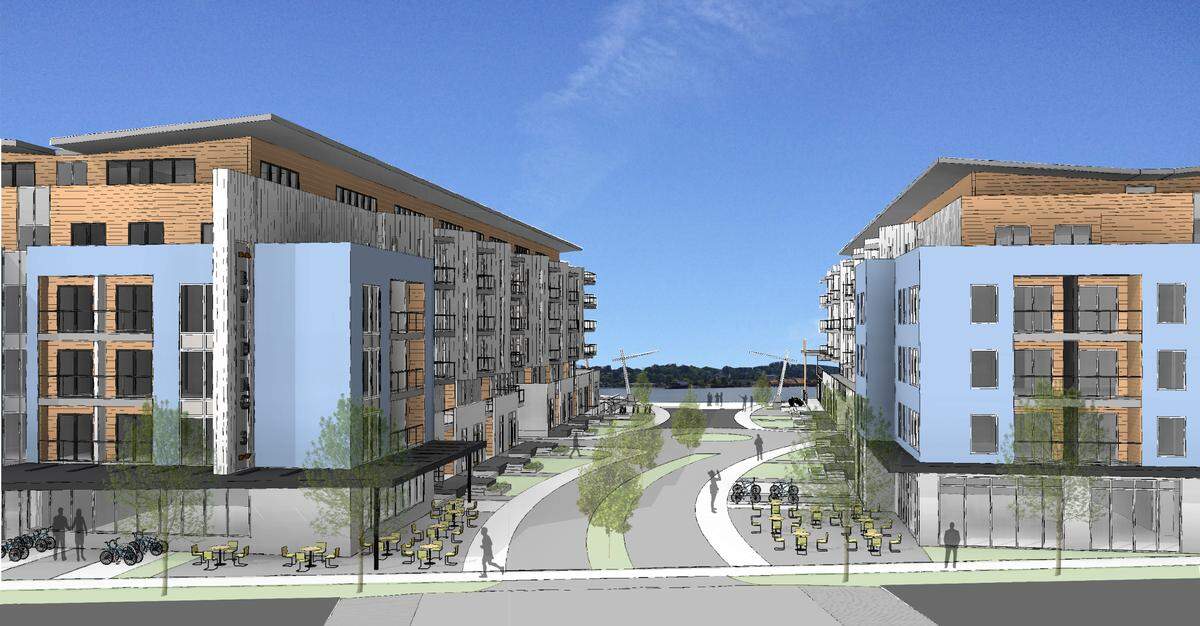 A rendering of West Bay Yards, a mixed-use development proposed for the former Hardel Plywood site on West Bay in Olympia.