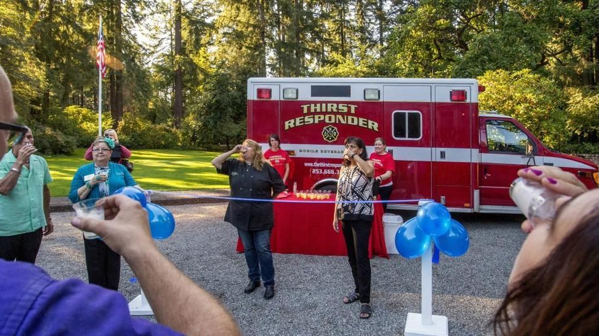 
A toast was offered to inaugurate the “Thirst Responder,” a new mobile bar made from a former ambulance, Wednesday at Lakewold Gardens. It is available from Jonz Catering for events.
