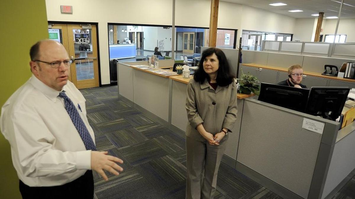 Thurston Economic Development Council Executive Director Michael Cade along with Celia Nightingale, director of the Center for Business & Innovation, give a Feb. 22 tour of the center in the Lacey campus of South Puget Sound Community College.