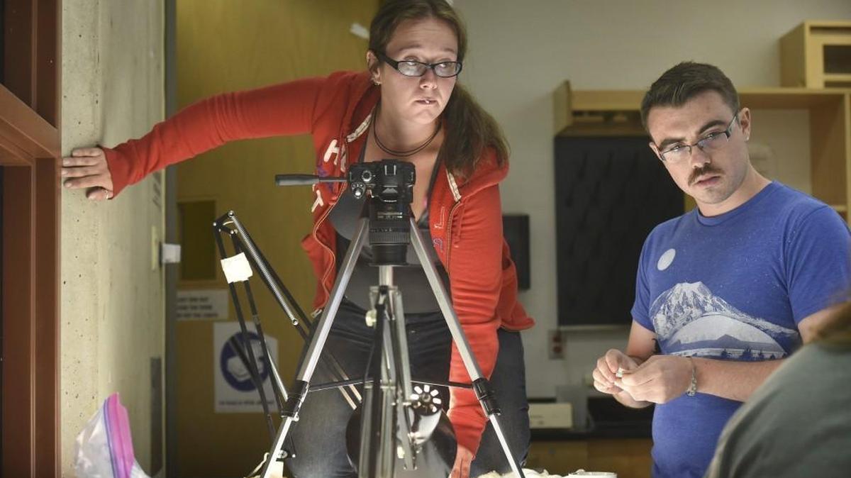 Erin Gamble, a 2015 Evergreen graduate and project field manager from Puyallup, works with sophomore Alexander Butler of University Place to photograph and catalog pieces of glass unearthed on the former Bush Homestead during their archeology class at The Evergreen State College in Olympia on Wednesday, Aug. 26, 2015.