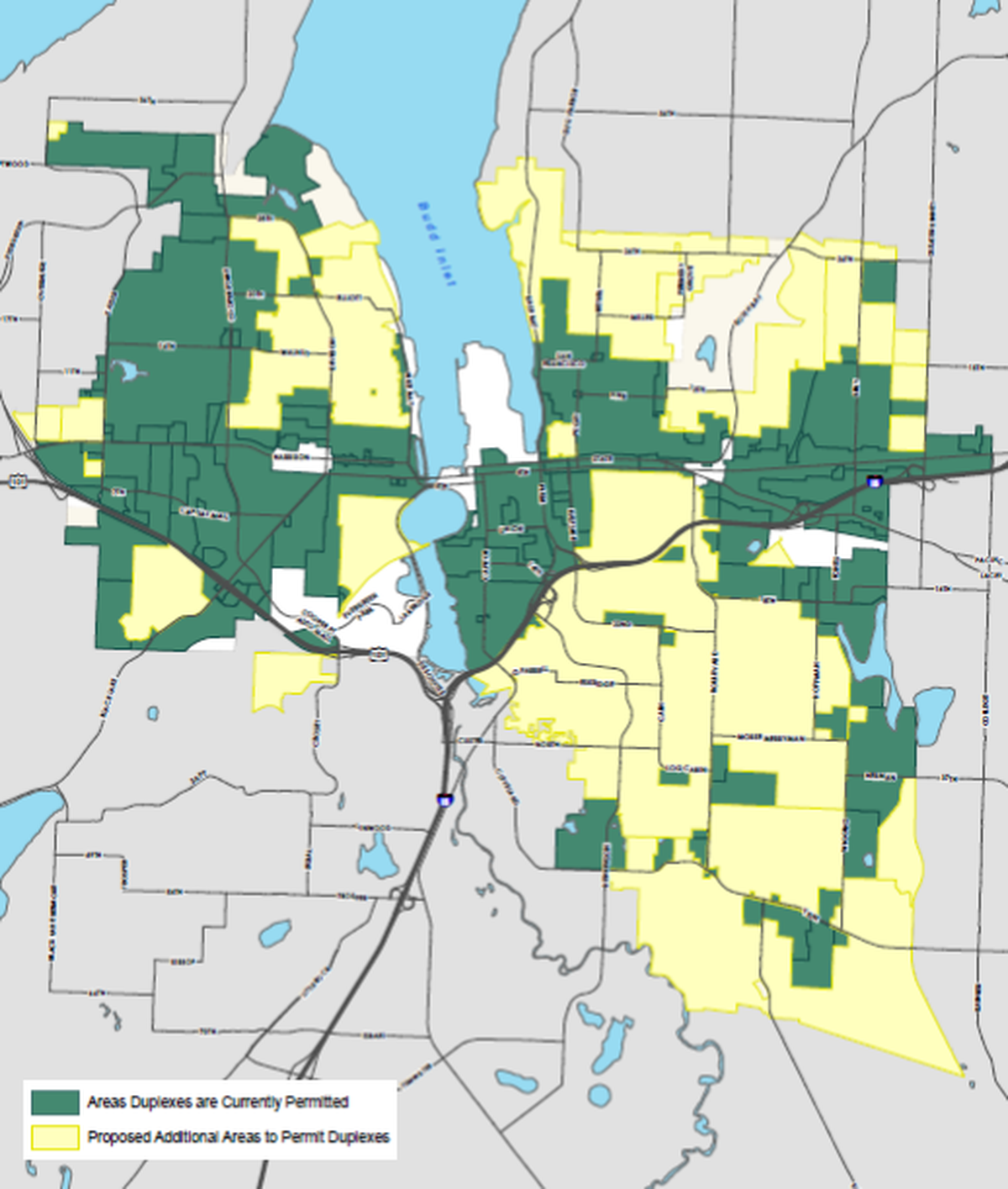 This map shows where duplexes are currently allowed to be built (in green) and where they could be allowed under the proposed changes (in yellow).