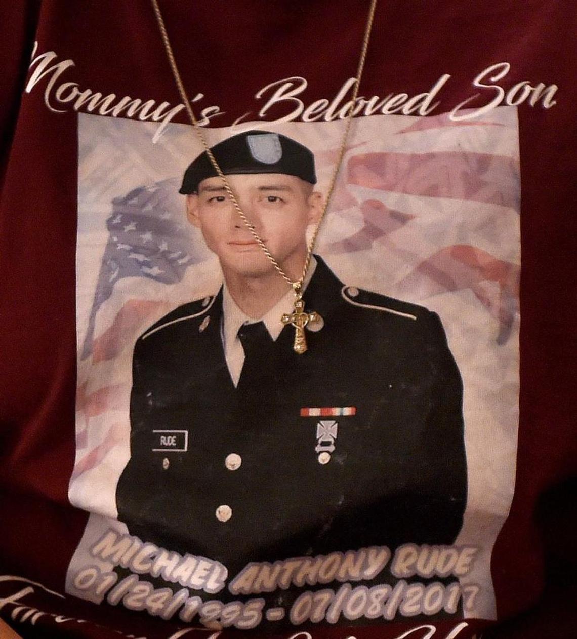 Selestina Eneliko proudly wears a T-shirt with the photo of her son, Michael Anthony Rude.
