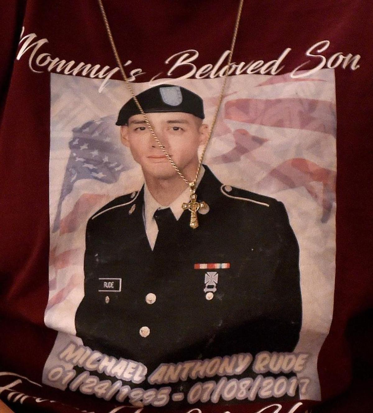 Selestina Eneliko proudly wears a T-shirt with the photo of her son, Michael Anthony Rude.
