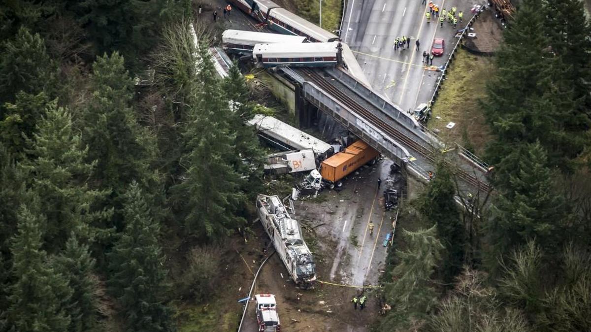 An Amtrak train derailed and fell off of a bridge and onto Interstate 5 near Mounts Road in DuPont on Monday. Part of I-5 will be closed Thursday night for repairs.