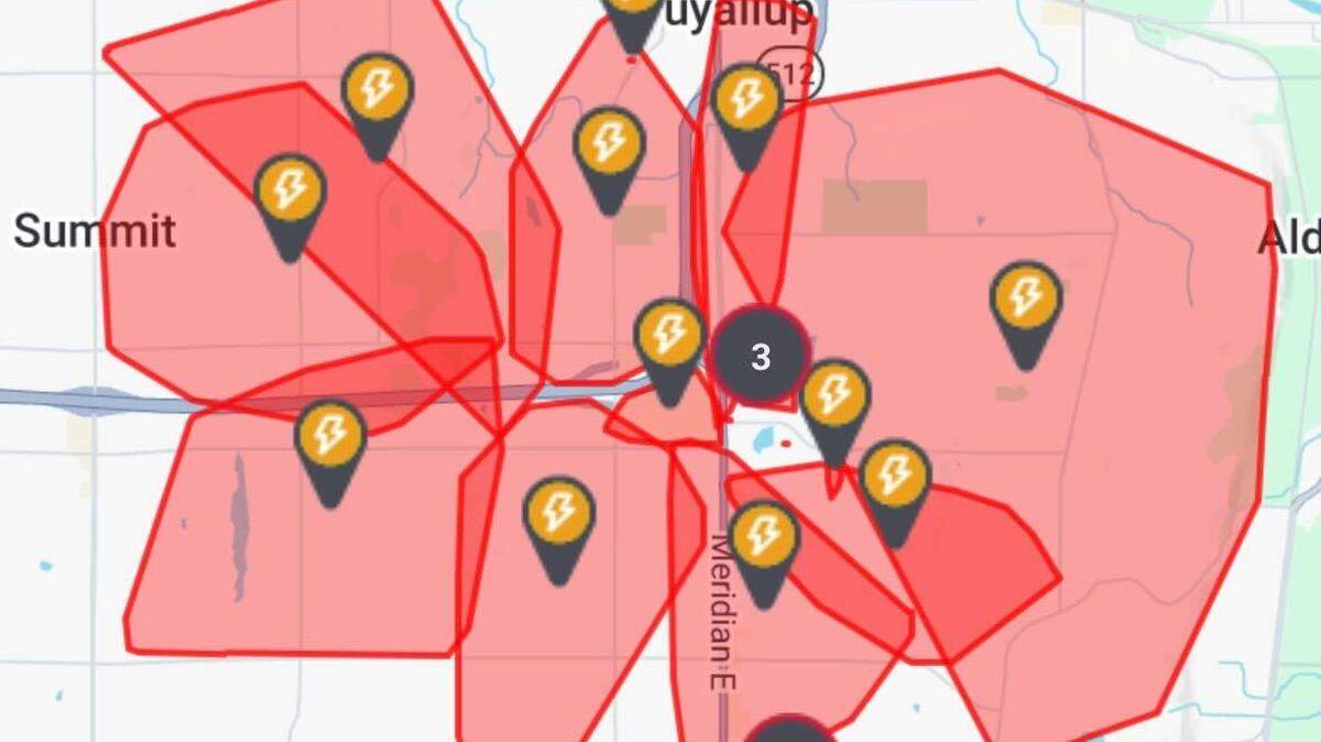 PSE outage map as of about 9:45 a.m. Feb. 11, 2026.
