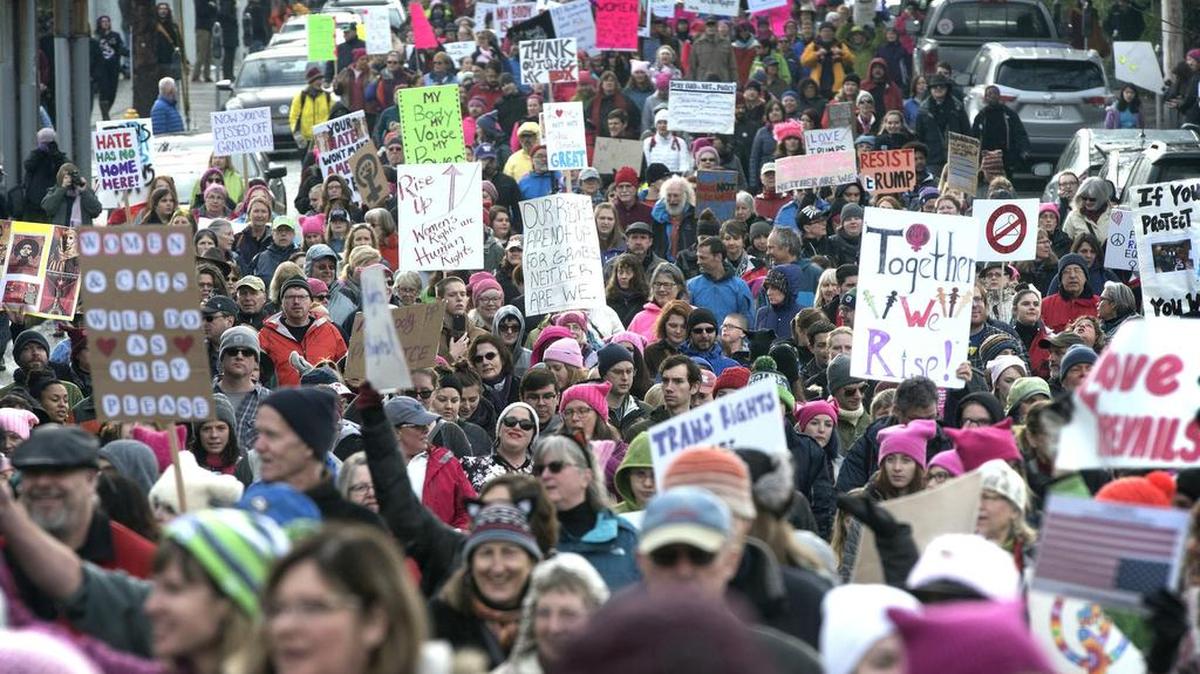 Thousands of marchers fill Columbia Street during the 2017 Women’s March through downtown Olympia. The 3rd march is planned for Saturday.