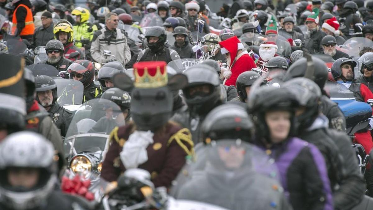 Thousands of motorcyclists take part in the Olympia Toy Run in 2016.