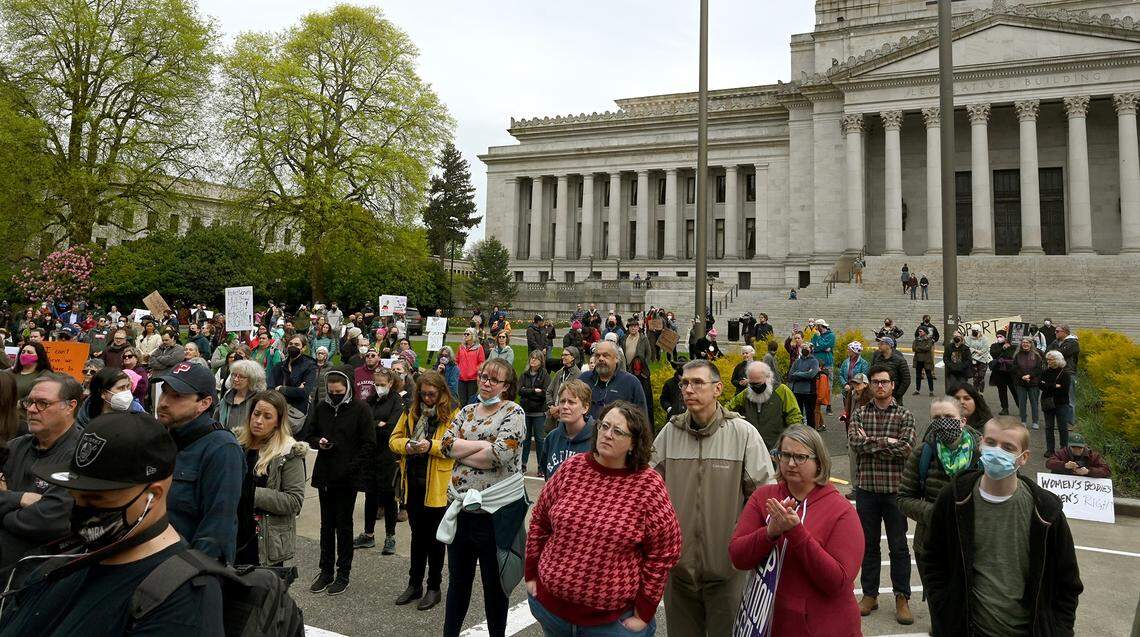Several hundred Pro-Choice supporters gathered on the steps of the Temple of Justice in Olympia, Wa. Tuesday, May 3, 2022 in response to the leaked US Supreme Court document outlining its decision which may effect the long-standing Roe V Wade abortion rights ruling nationally.
