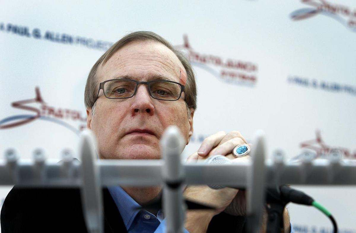 Paul Allen looks at a model for his project, Stratolaunch Systems, in its plans to venture into Space Transportation in 2011.