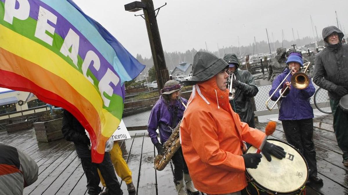 The Artesian Rumble Arkestra, shown here in 2014, will again perform at the Olympia Fellowship of Reconciliation annual Peace Vigil at noon Saturday along West Fourth Avenue at Percival Landing.