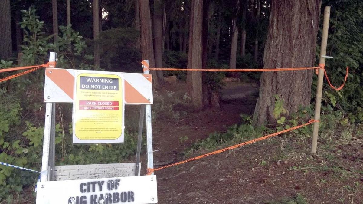 
Tape and signs block off Grandview Forest Park where laminated root rot in the trees has forced closure of the park.
