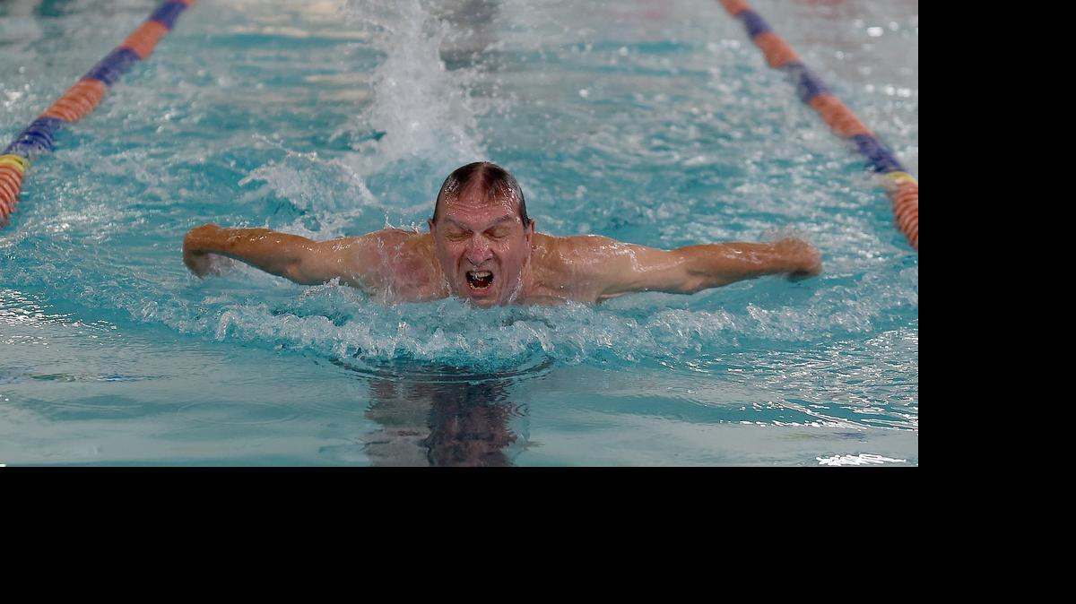 
Bob Jacobs,73, from Olympia heads to the finish of the mixed 100-yard butterfly event with a time of 1:28:52 during the 2015 Washington State Senior Games swimming competition Sunday at the Briggs YMCA in Olympia.

