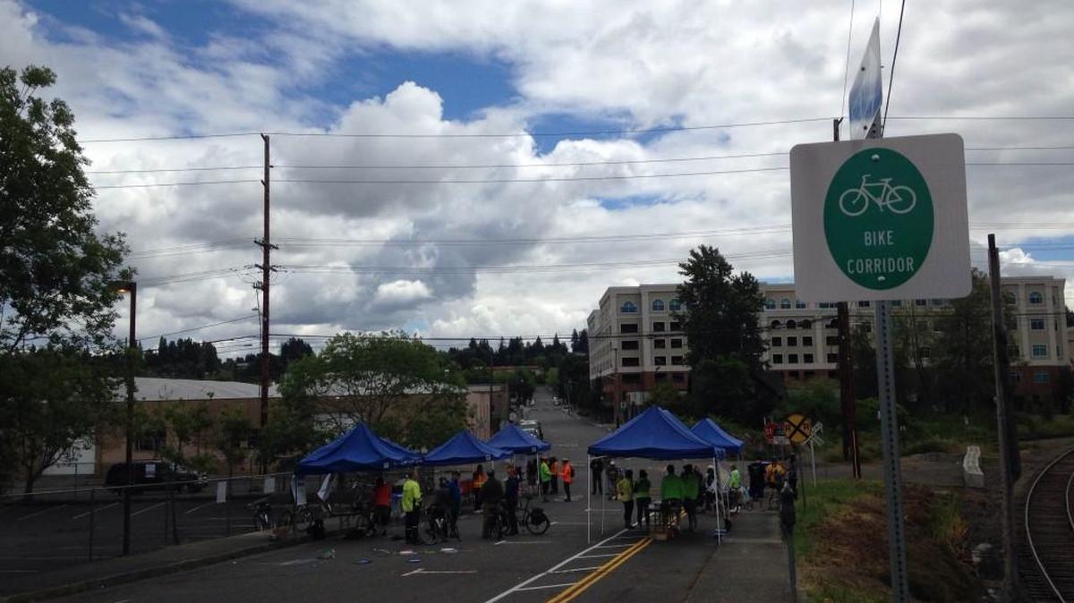 About 60 people rode from Lyons Park to downtown Olympia on Saturday, June 11, 2016 to christen the new bike corridor.